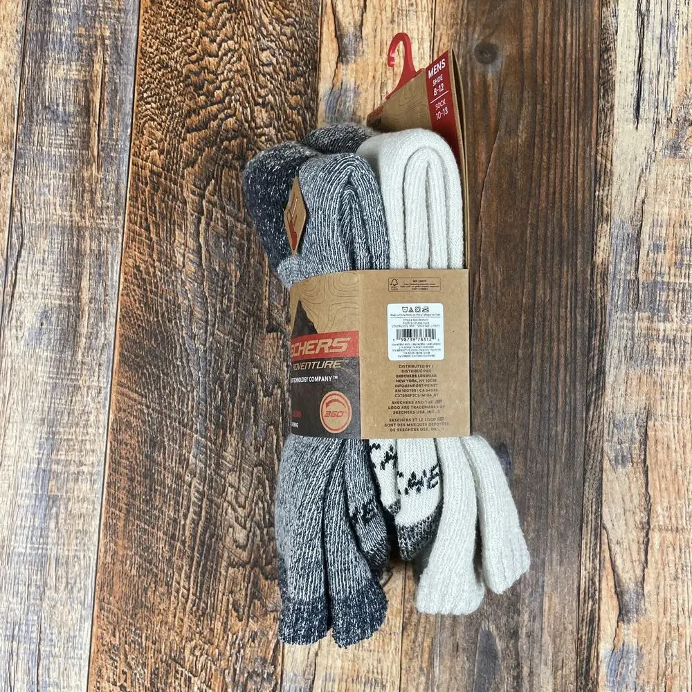 Skechers Mens 8-12 Gray White Sport Adventure Merino Wool Blend Hiking Socks 2pk